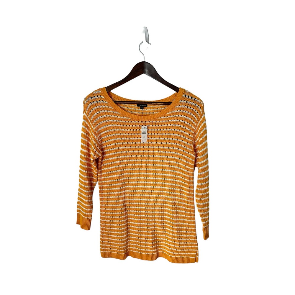 Talbots womens sweater sz XS‎ mustard yellow striped open knit scoop neck new